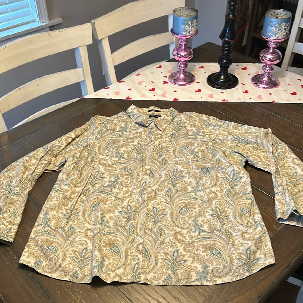 Lands End Button Up Shirt.  26W. Cream background with blue paisley pattern.
